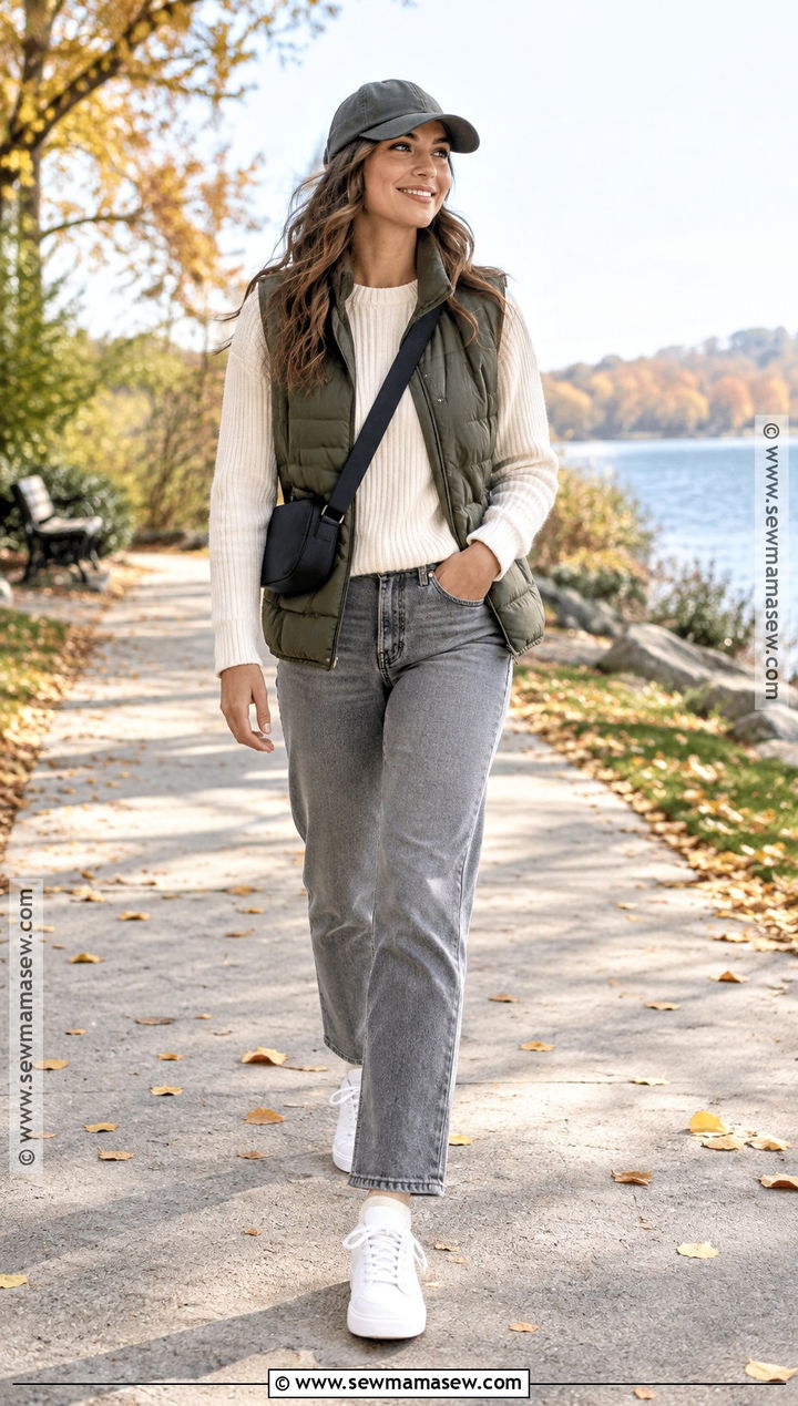 Gray Jeans With A Puffer Vest - 20 gray jeans outfit fall