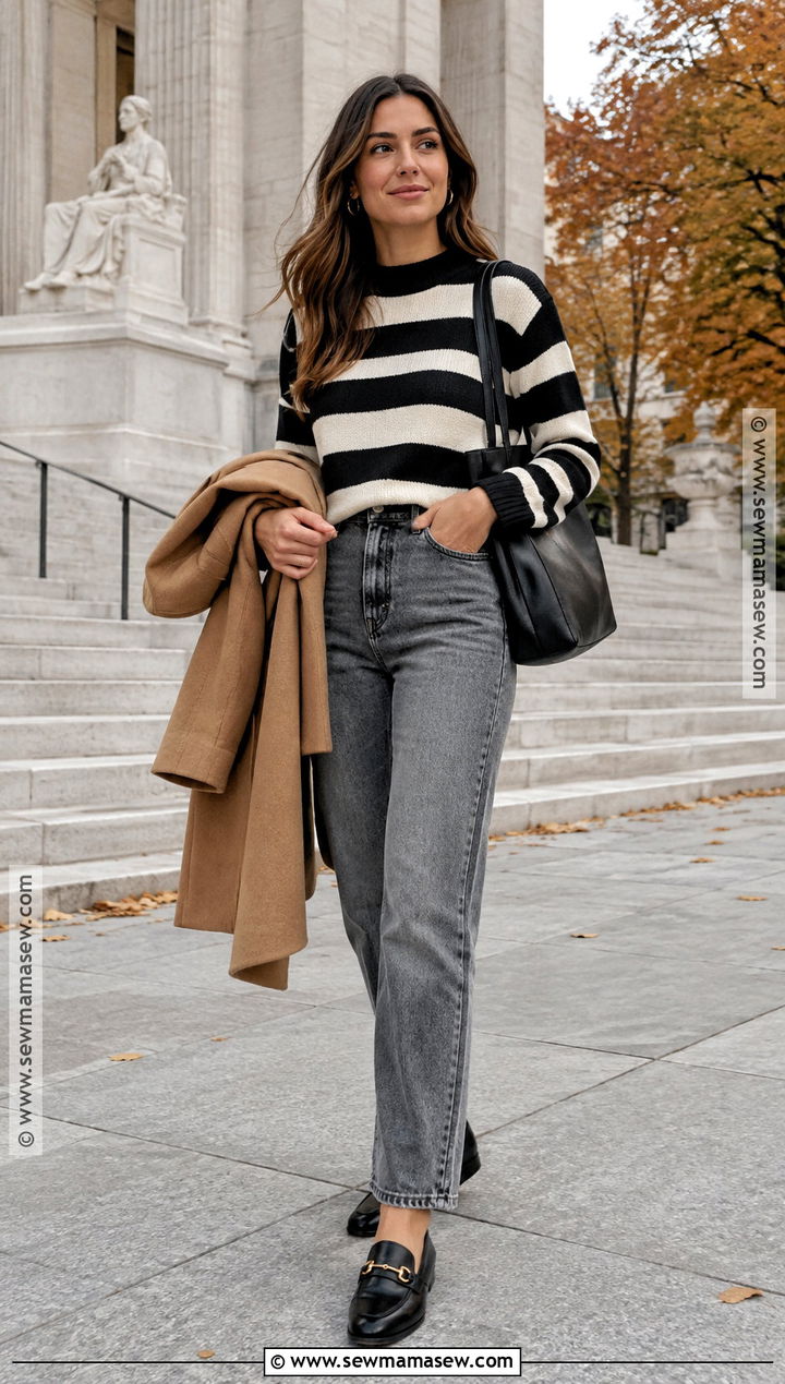 Gray Jeans With A Striped Sweater - 20 gray jeans outfit fall