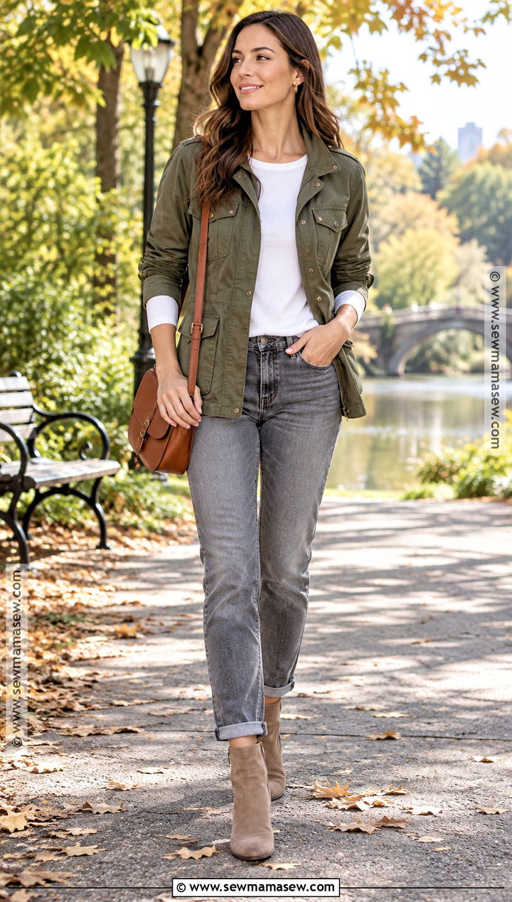 Gray Jeans With An Olive Utility Jacket - 20 gray jeans outfit fall
