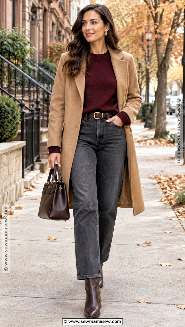Gray Jeans With Brown Boots And Burgundy Sweater - 20 brown boots outfit fall jeans