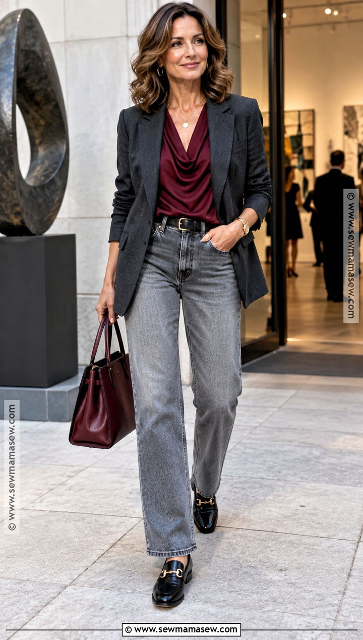Gray Jeans With Burgundy Blouse and Loafers - 20 date night jeans outfit fall