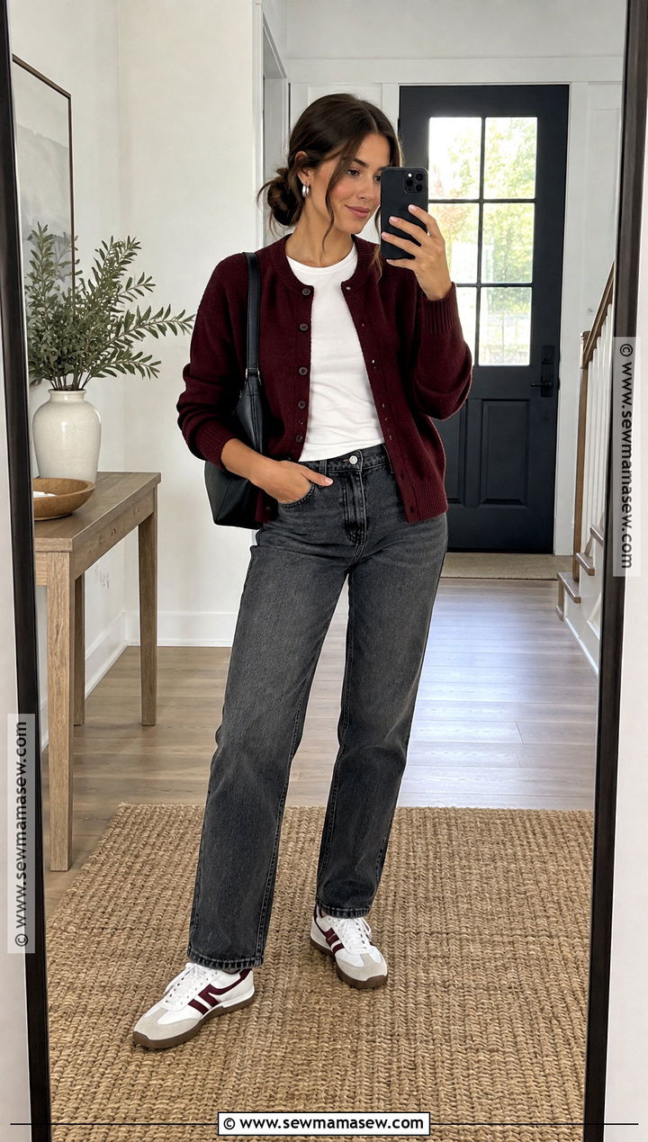 Gray Jeans With Burgundy Cardigan And Sneakers - 20 fall outfit with jeans