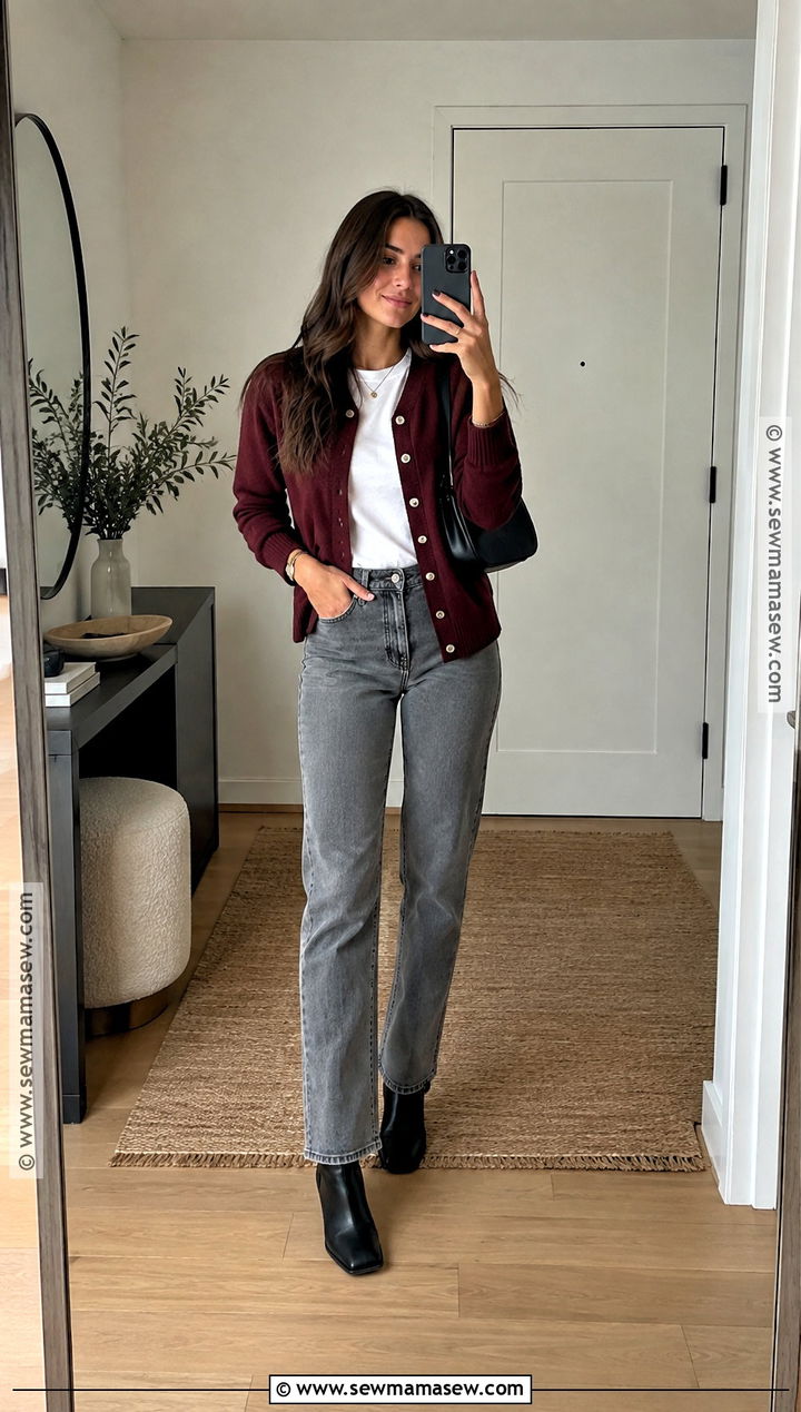 Gray Jeans With Burgundy Cardigan - 25 fall jeans