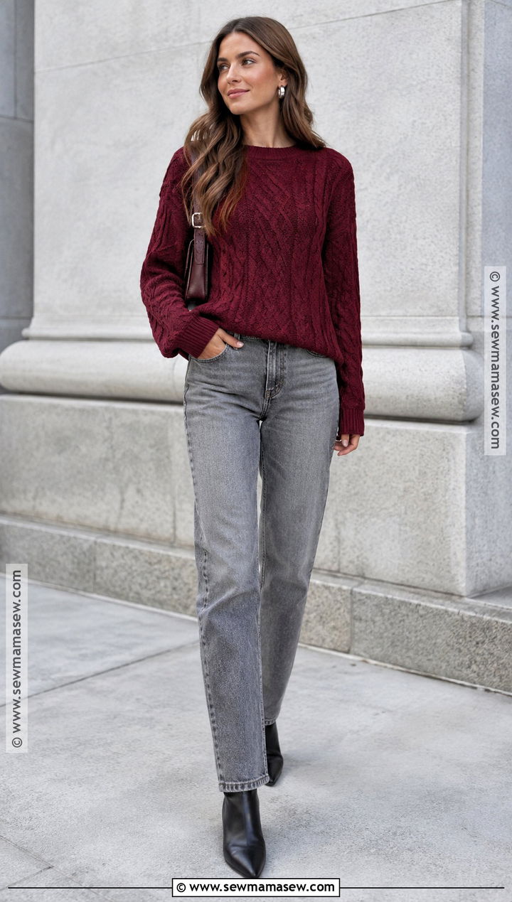 Gray Jeans With Burgundy Knit - 25 autumn jeans outfits