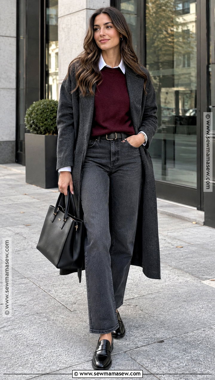 Gray Jeans With Burgundy Sweater - 20 jean outfits fall