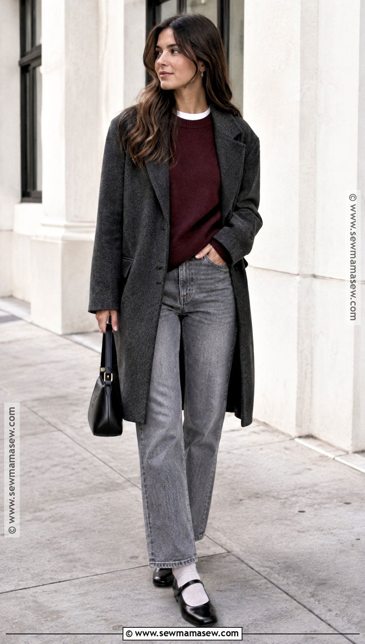 Gray Jeans With Burgundy Sweater And Ballet Flats - 25 jeans fall outfit