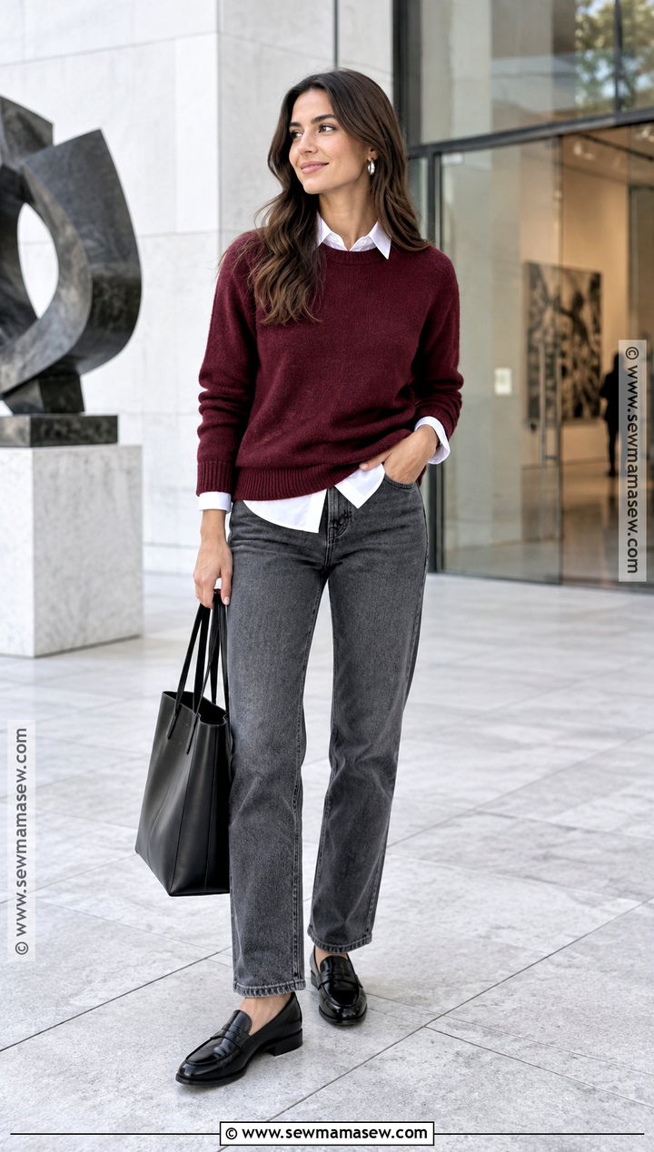 Gray Jeans With Burgundy Sweater And Loafers - 25 jeans outfit autumn