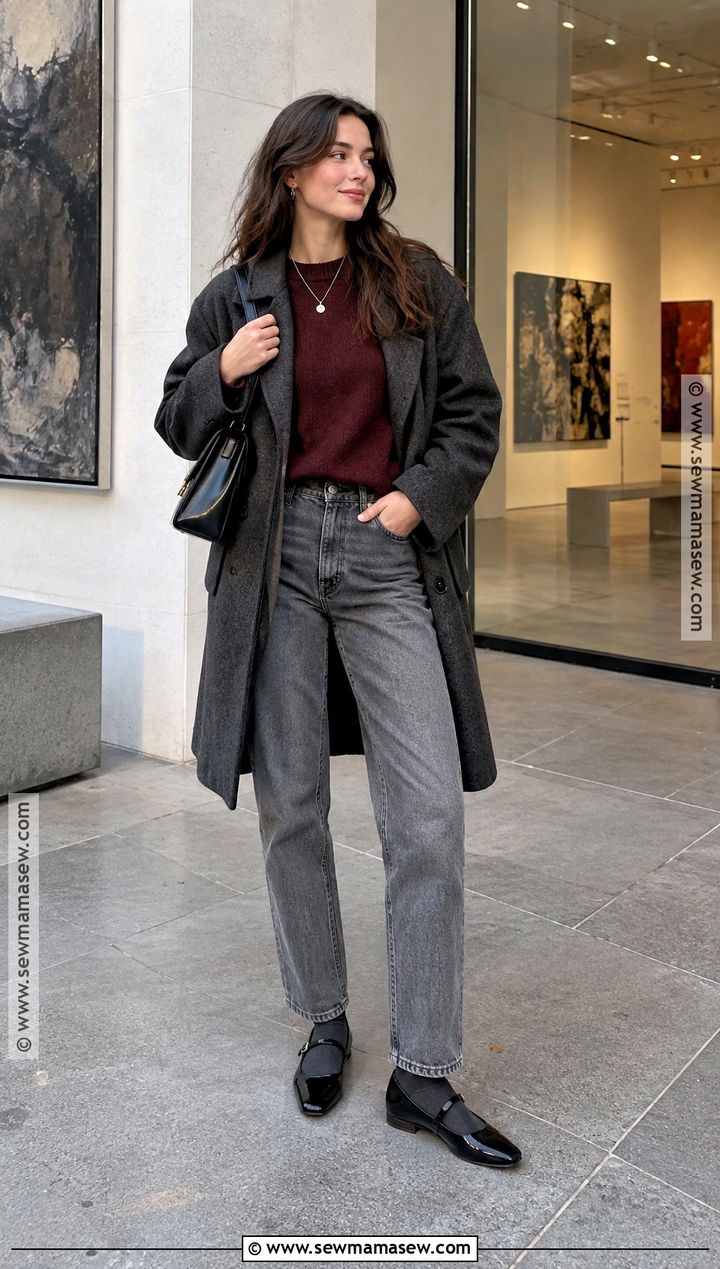 Gray Jeans With Burgundy Sweater and Mary Janes - 20 cute fall outfits with jeans