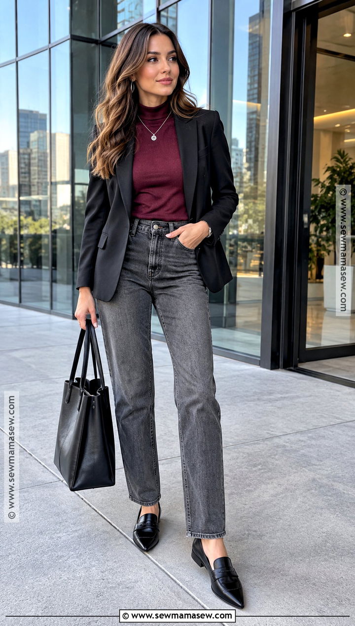Gray Jeans With Burgundy Sweater - 15 Fall Business Casual Jean Outfits