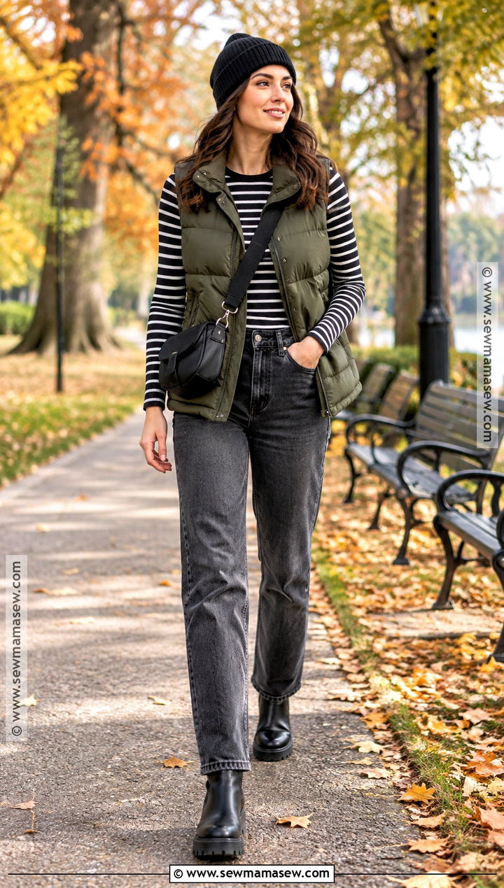 Gray Jeans With Lug Sole Boots and Puffer Vest - 15 fall jean outfits with boots