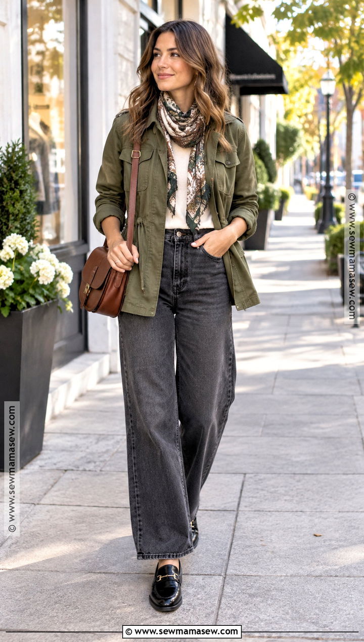 Gray Jeans With Olive Utility Jacket - 15 Fall Outfits 2026 Jeans