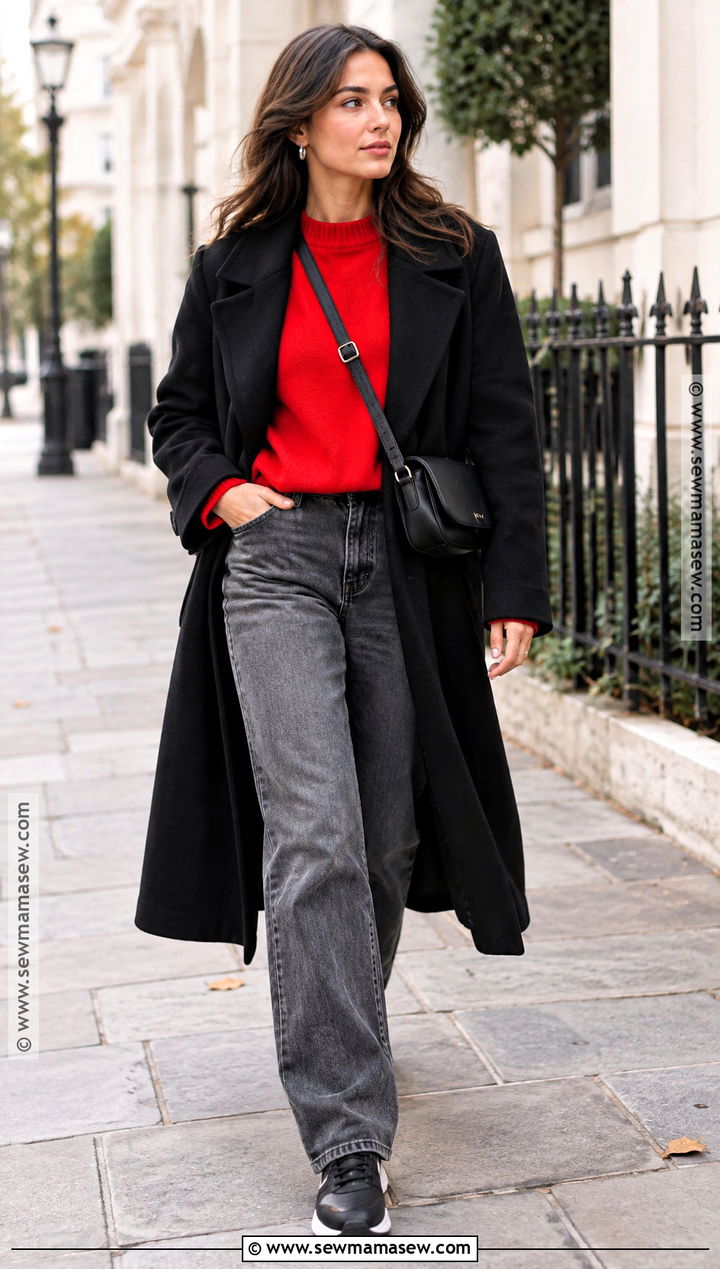 Gray Jeans With Red Sweater and Black Coat - 20 Fall Fashion Jeans