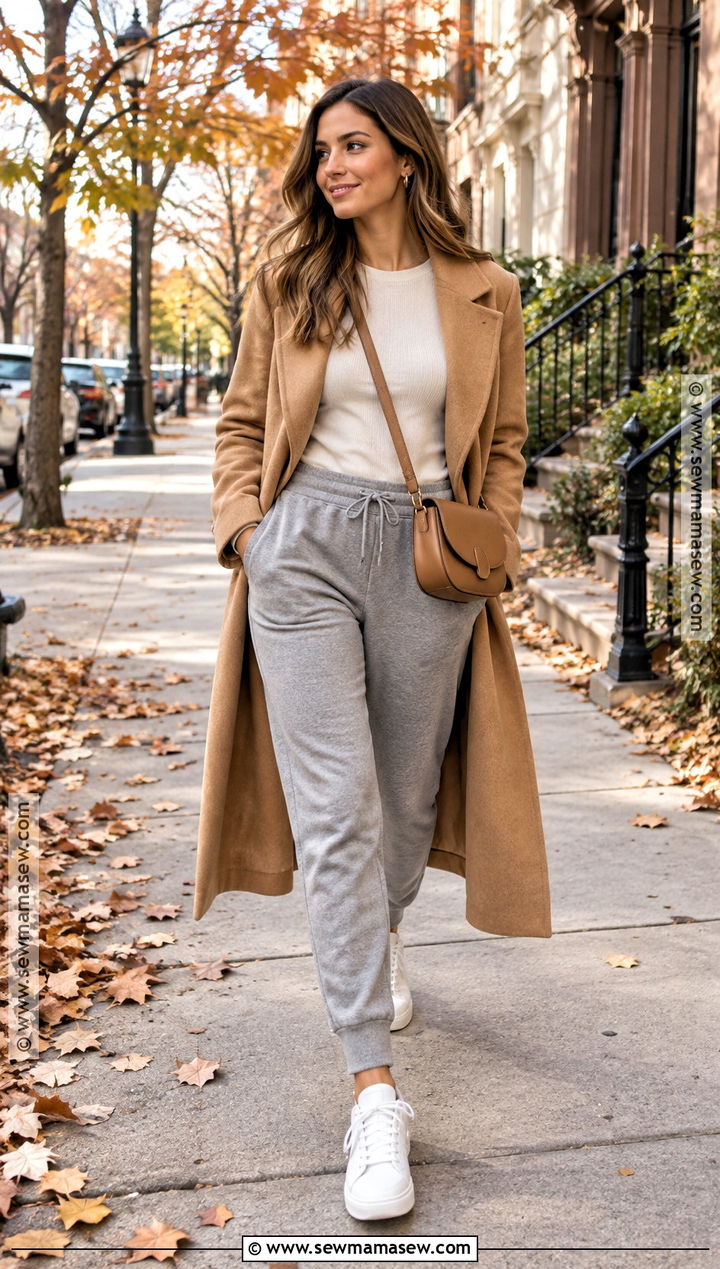 Gray Joggers With Camel Coat And Sneakers - 15 joggers fall outfit ideas