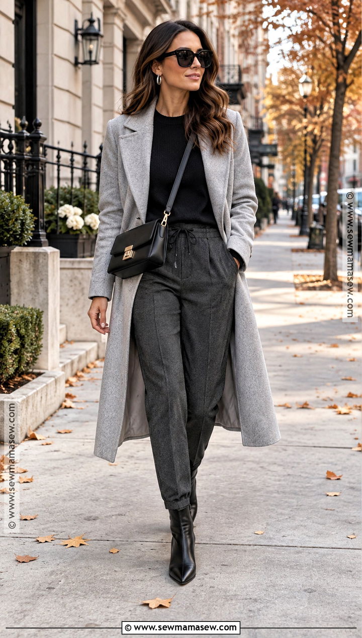 Gray Joggers With Long Wool Coat - 15 fall joggers outfit dressy ideas
