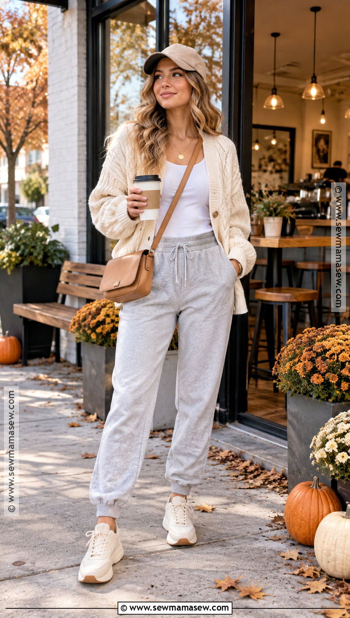 Gray Joggers With a Cream Cardigan - 15 Gray Joggers Outfit Fall Ideas
