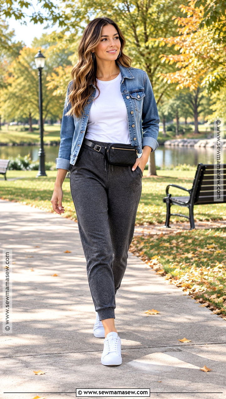 Gray Joggers With a Denim Jacket - 15 Gray Joggers Outfit Fall Ideas