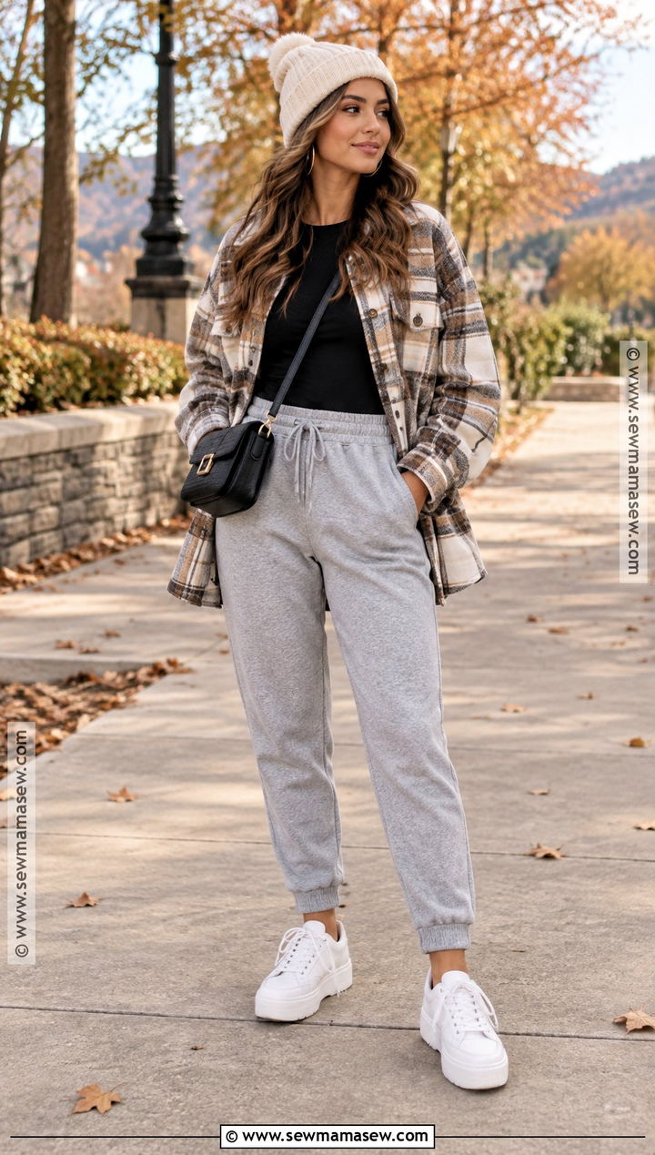 Gray Joggers With a Plaid Shacket - 15 Gray Joggers Outfit Fall Ideas