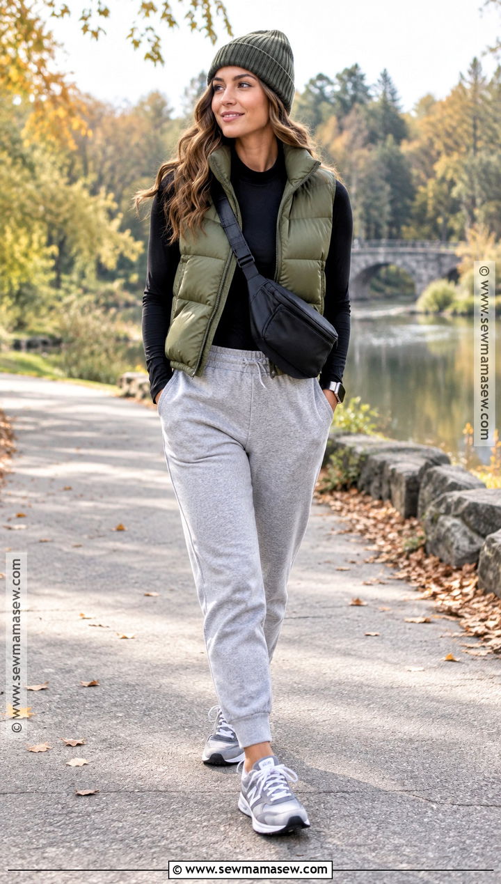 Gray Joggers With a Puffer Vest - 15 Gray Joggers Outfit Fall Ideas
