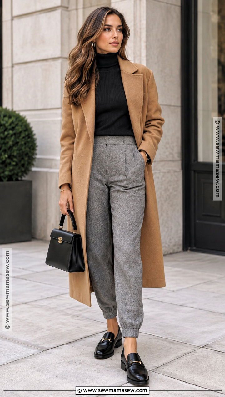 Gray Joggers With a Turtleneck and Long Coat - 15 Gray Joggers Outfit Fall Ideas