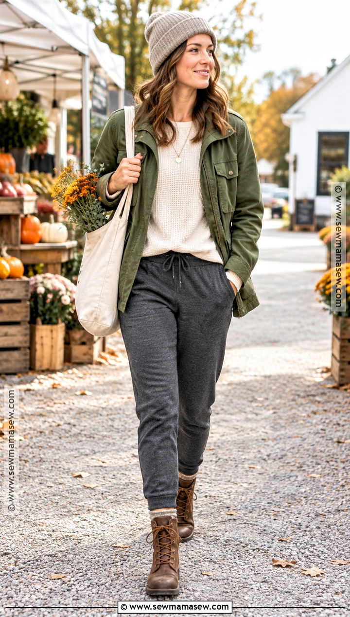 Gray Joggers With an Olive Utility Jacket - 15 Gray Joggers Outfit Fall Ideas