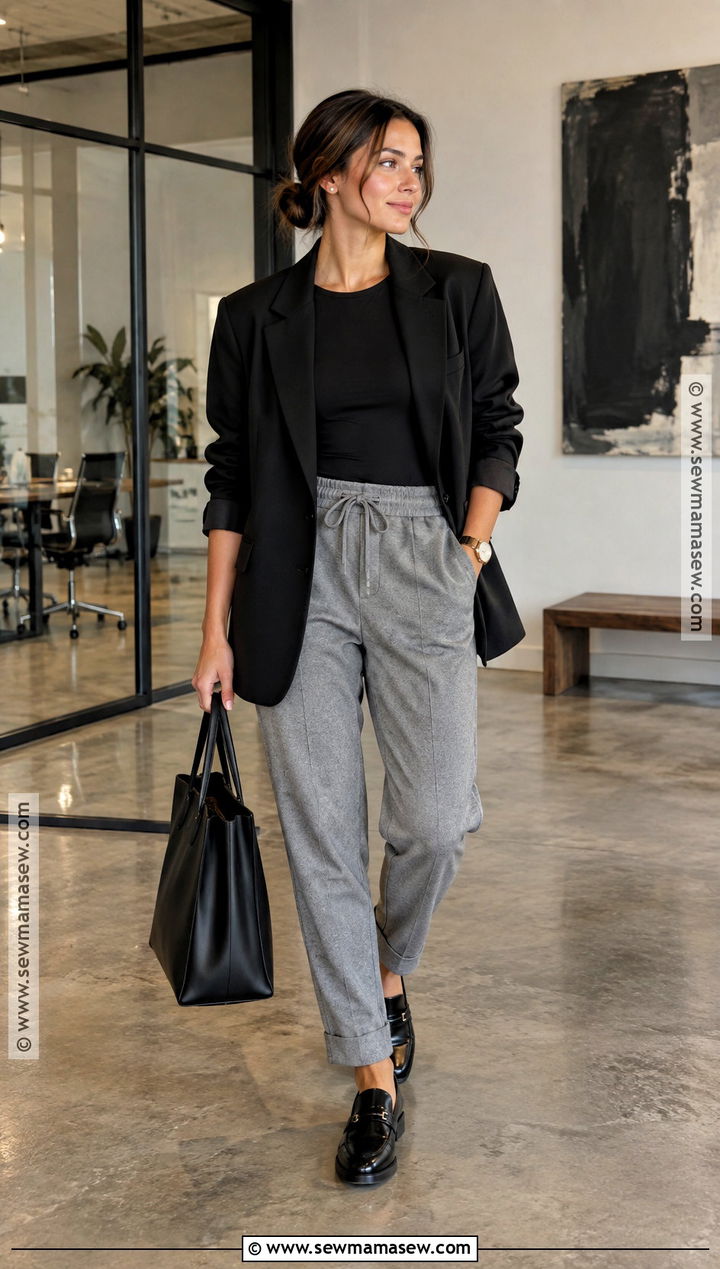 Gray Joggers With an Oversized Blazer - 15 Gray Joggers Outfit Fall Ideas