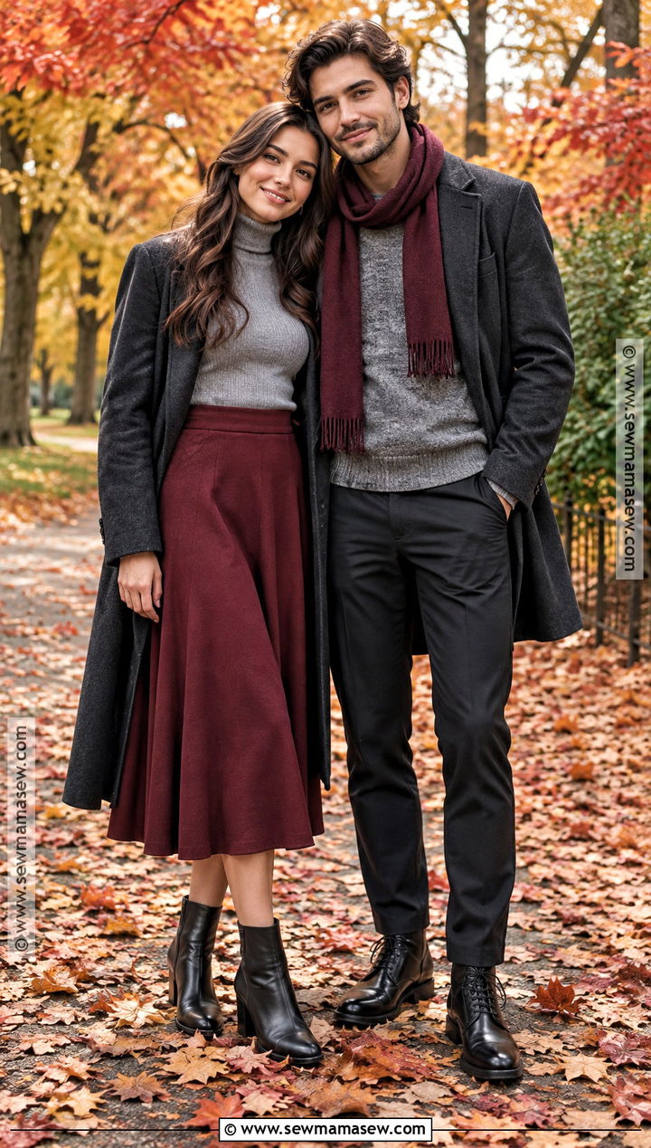 Gray Knits and Burgundy Accents Fall Couple Outfit - 15 outfit ideas for couples photoshoot fall