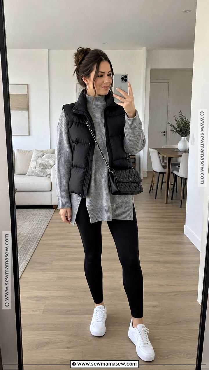 Gray Knitted Sweater With Black Leggings And Sneakers - 15 knitted sweater fall fashion ideas