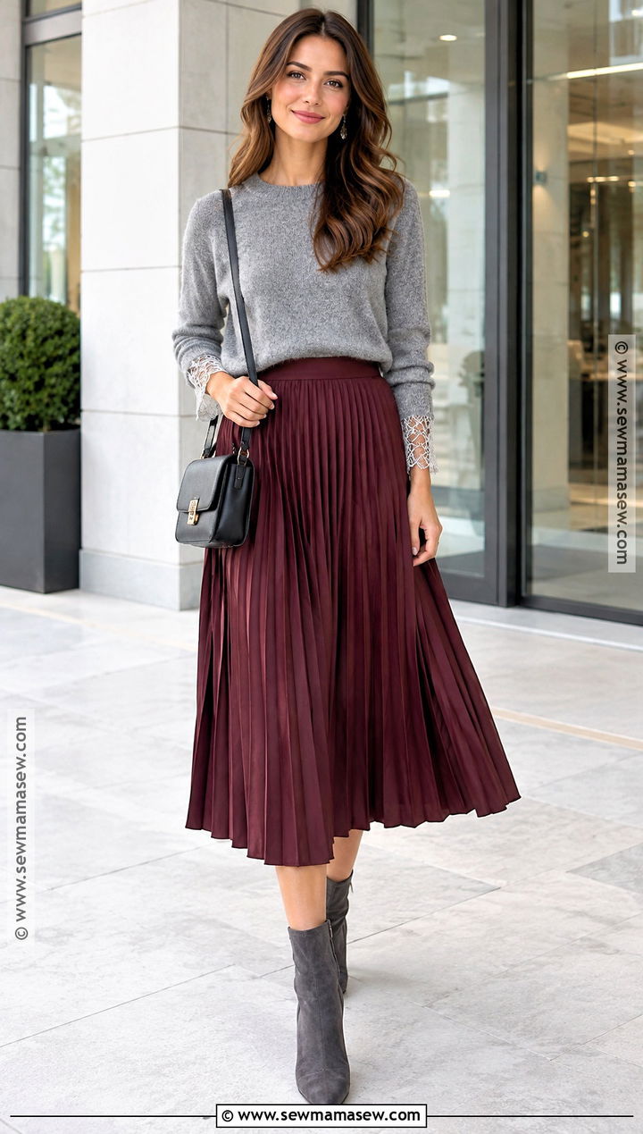 Gray Lace Sweater With Pleated Midi Skirt - 15 autumn lace sweater ideas