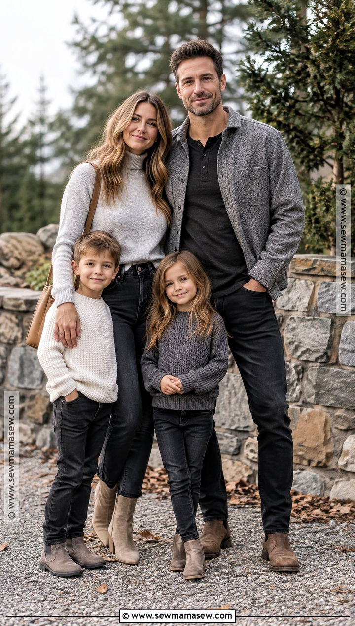 Gray Layers And Black Jeans Family Outfit - 15 fall family photo outfits outdoor jeans
