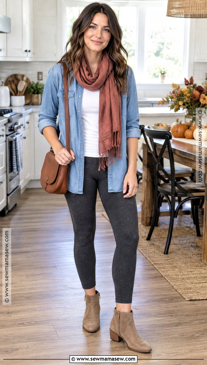 Gray Leggings And Denim Shirt Thanksgiving Outfit - 20 comfy thanksgiving outfit leggings