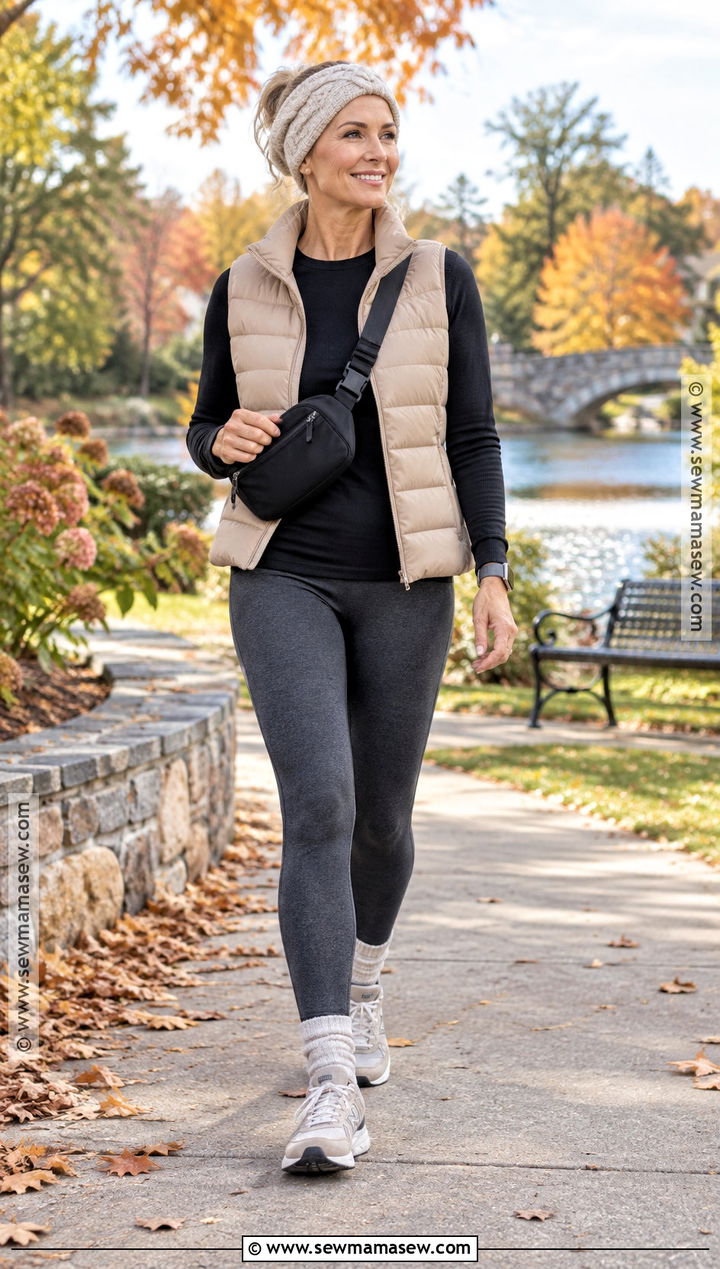 Gray Leggings And Puffer Vest Walking Outfit - 15 Autumn Workout Outfits