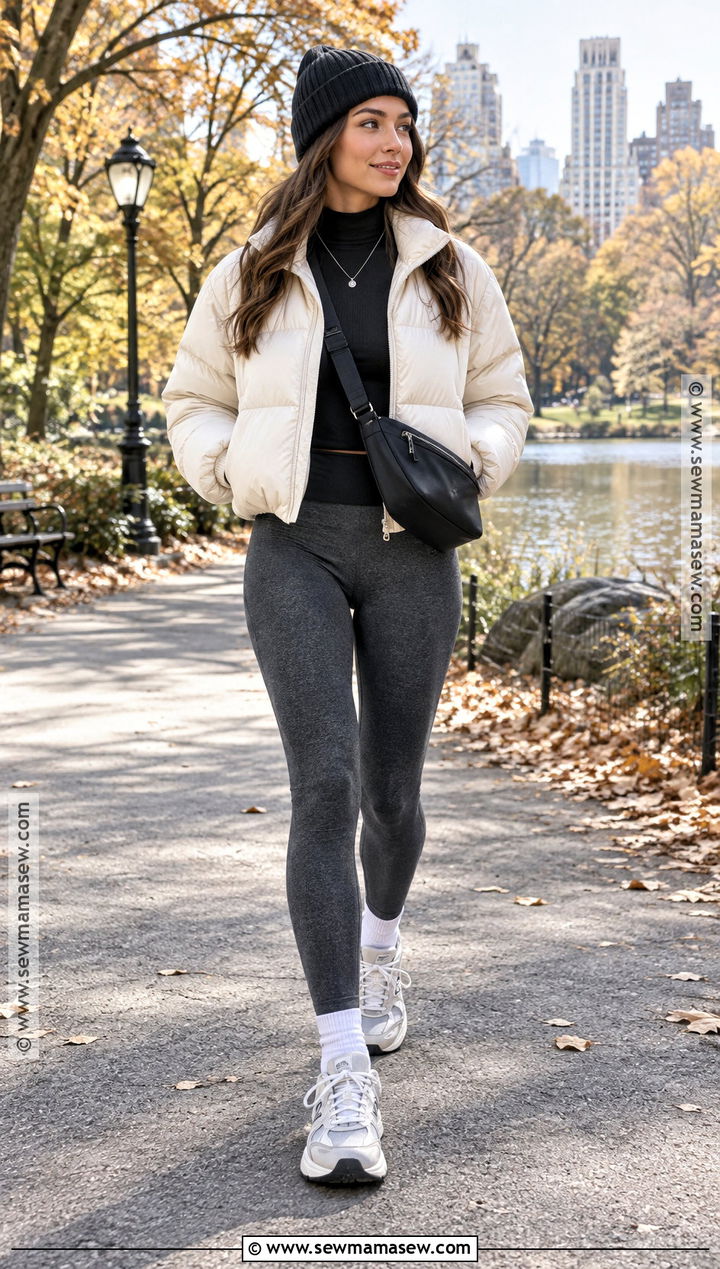 Gray Leggings Outfit With Puffer Jacket - 20 leggings outfit autumn