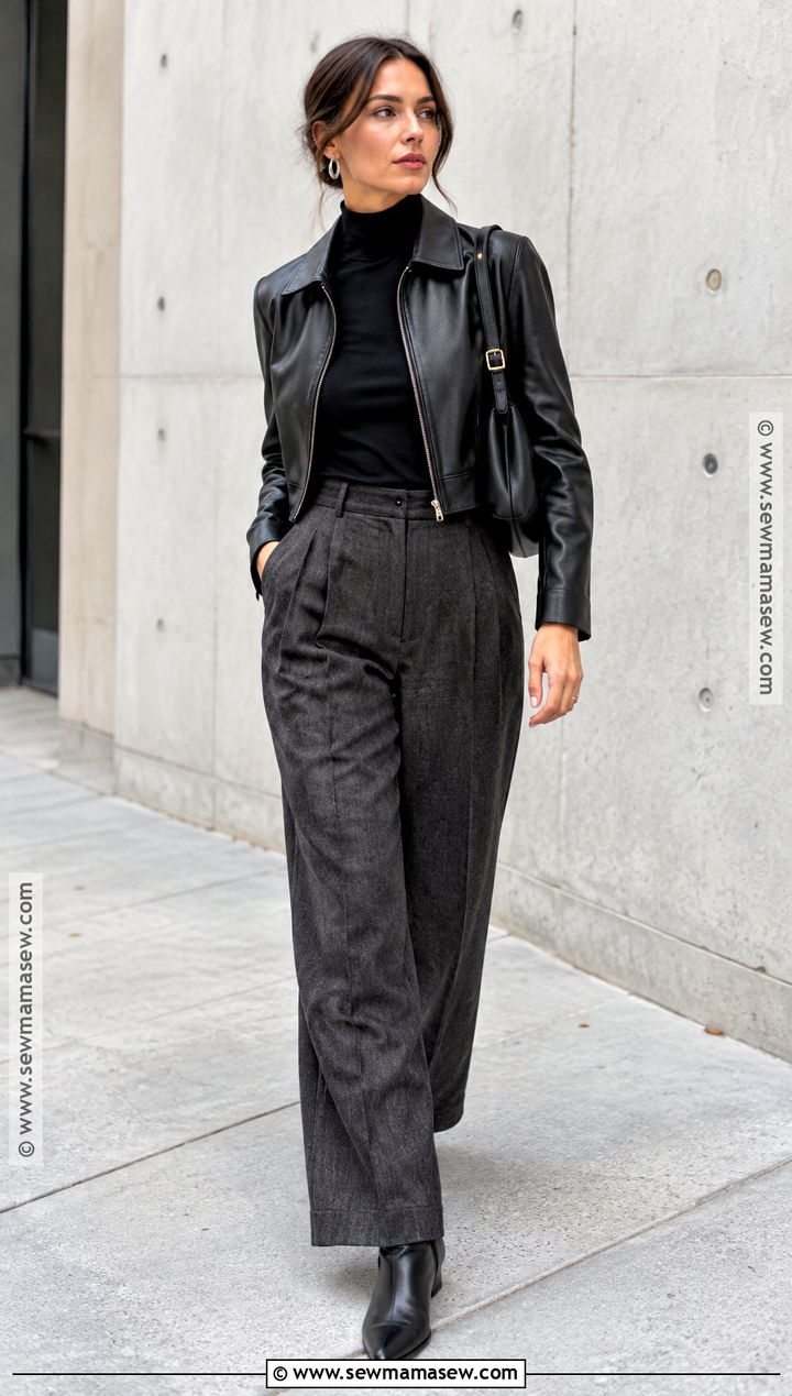 Gray Linen Pants With A Leather Jacket - 15 autumn outfits linen pants