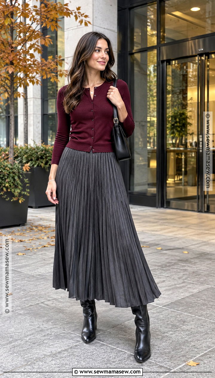 Gray Long Skirt With Burgundy Cardigan - 25 Long Skirt Fall Outfits