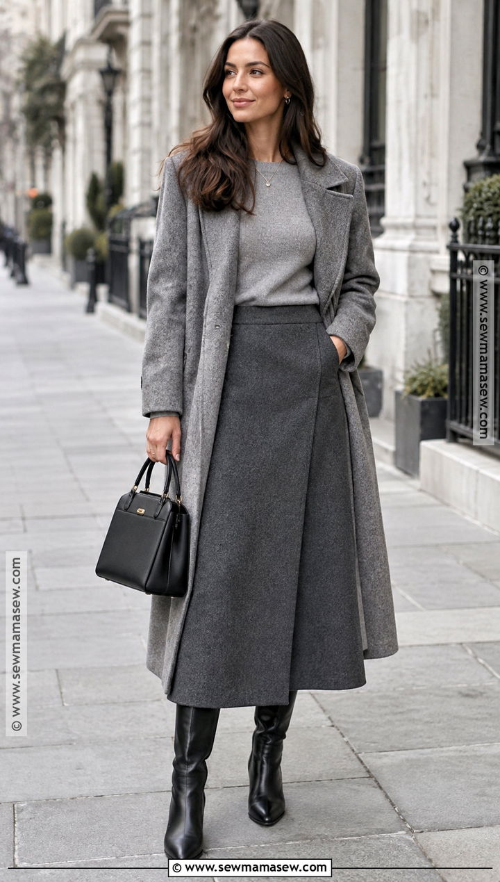 Gray Long Skirt With Matching Sweater And Coat - 20 Long Skirt Outfits For Autumn