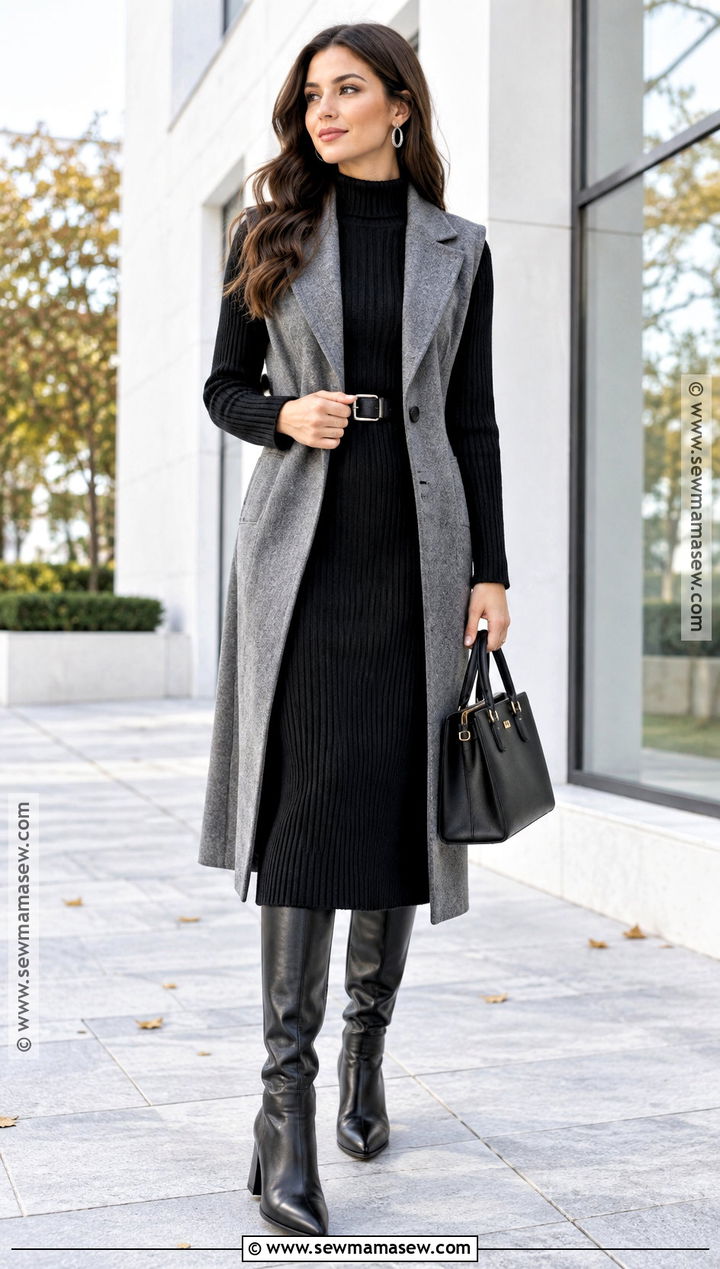 Gray Long Vest With Sweater Dress And Boots - 20 Long Vest Outfit Fall Ideas