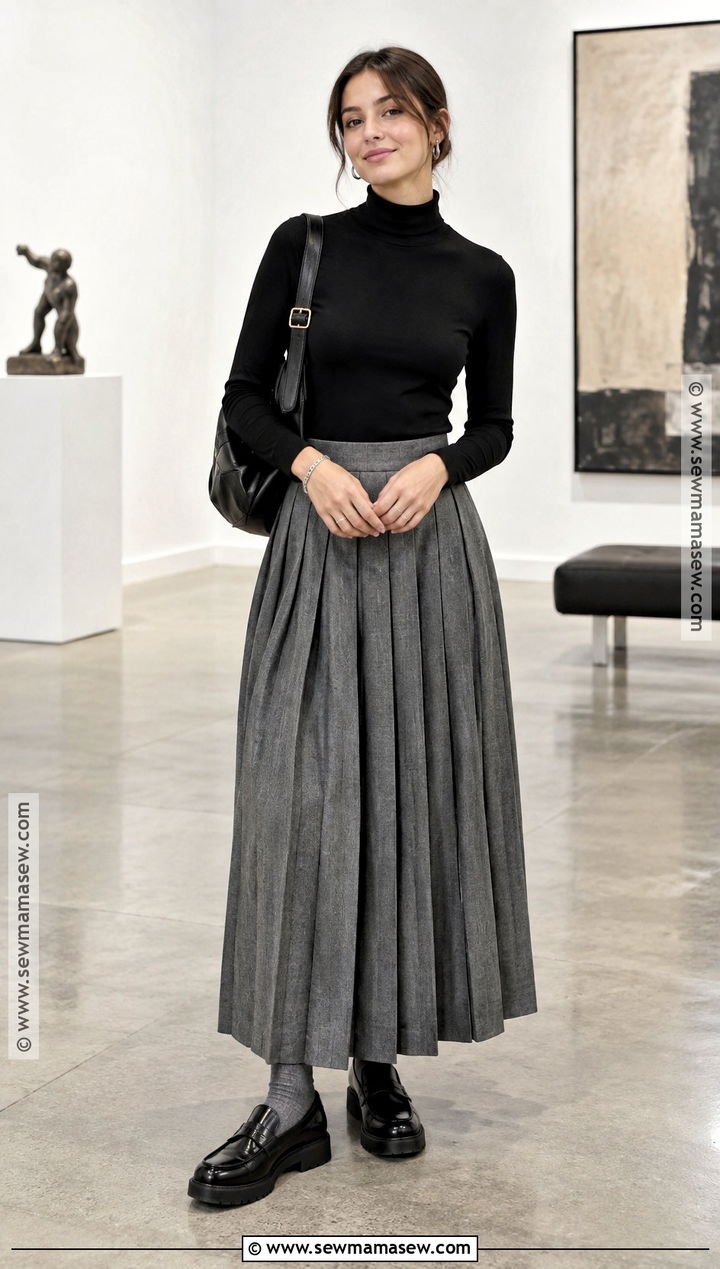 Gray Maxi Skirt With Black Turtleneck And Loafers - 15 Gray Maxi Skirt Outfit For Fall Ideas