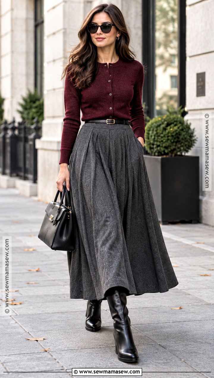 Gray Maxi Skirt With Burgundy Cardigan And Knee High Boots - 15 Gray Maxi Skirt Outfit For Fall Ideas