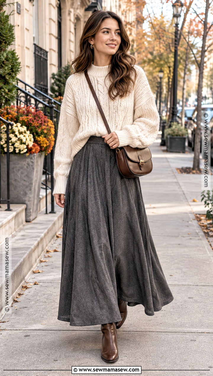Gray Maxi Skirt With Cream Sweater And Ankle Boots - 15 Gray Maxi Skirt Outfit For Fall Ideas