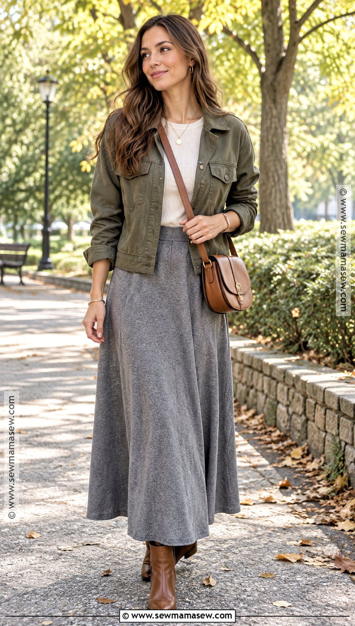 Gray Maxi Skirt With Olive Utility Jacket And Boots - 15 Gray Maxi Skirt Outfit For Fall Ideas