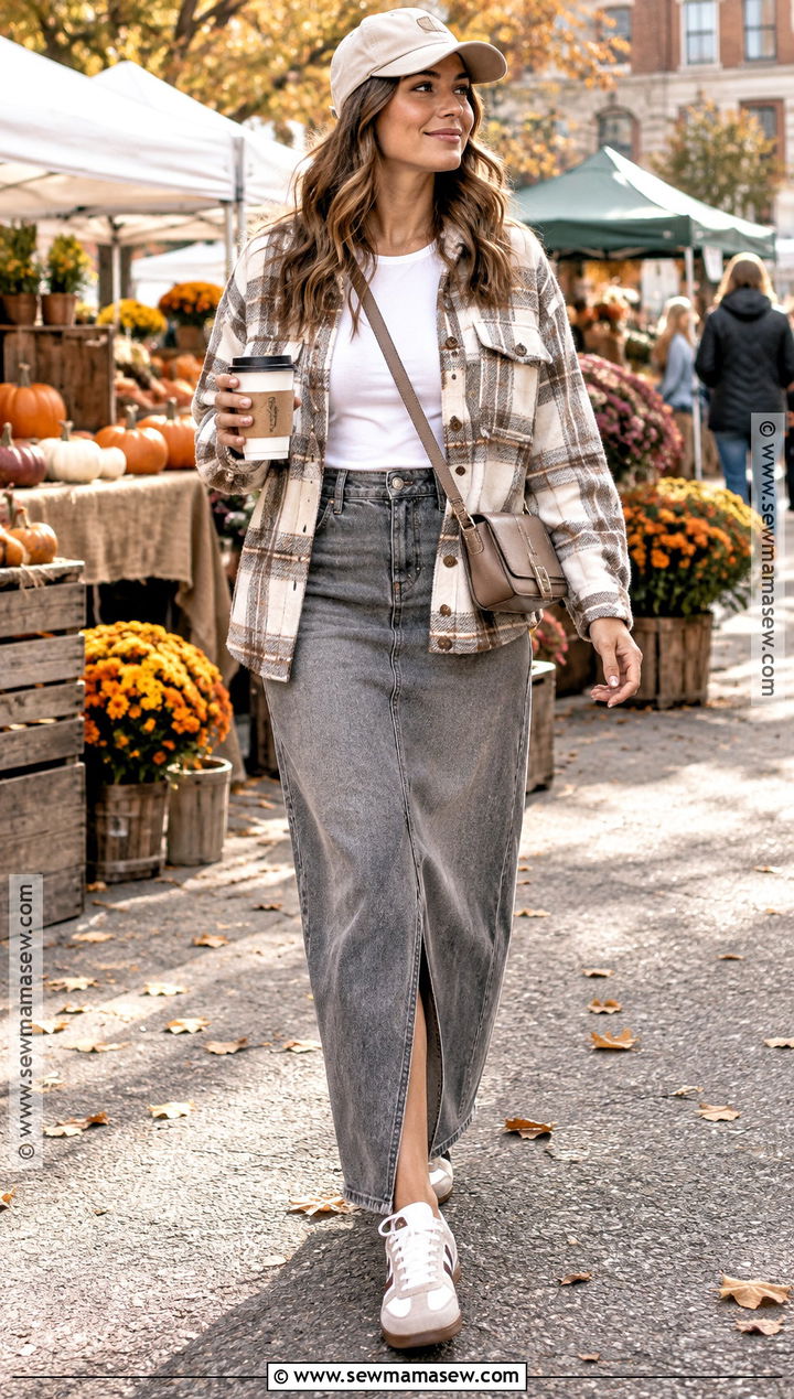 Gray Maxi Skirt With Plaid Shacket And Sneakers - 15 Gray Maxi Skirt Outfit For Fall Ideas