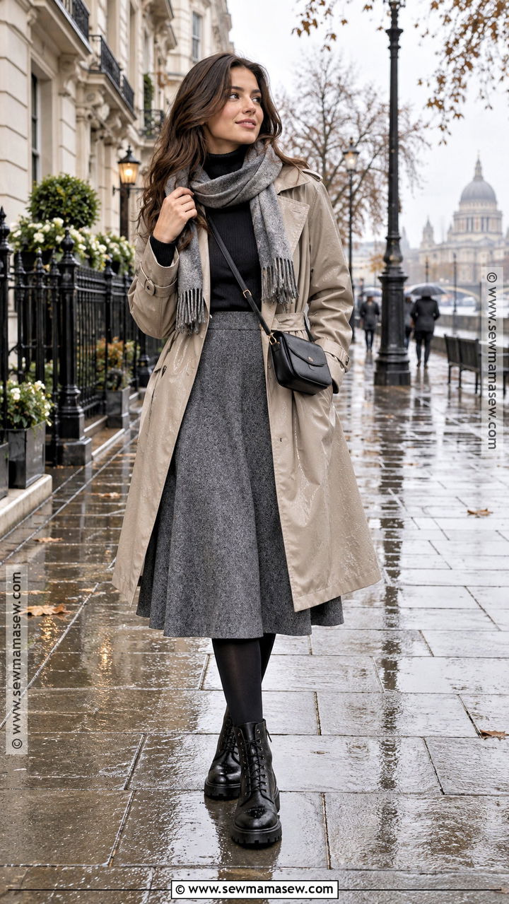 Gray Midi Skirt With Raincoat And Lug Boots - 20 gray skirt outfit fall ideas