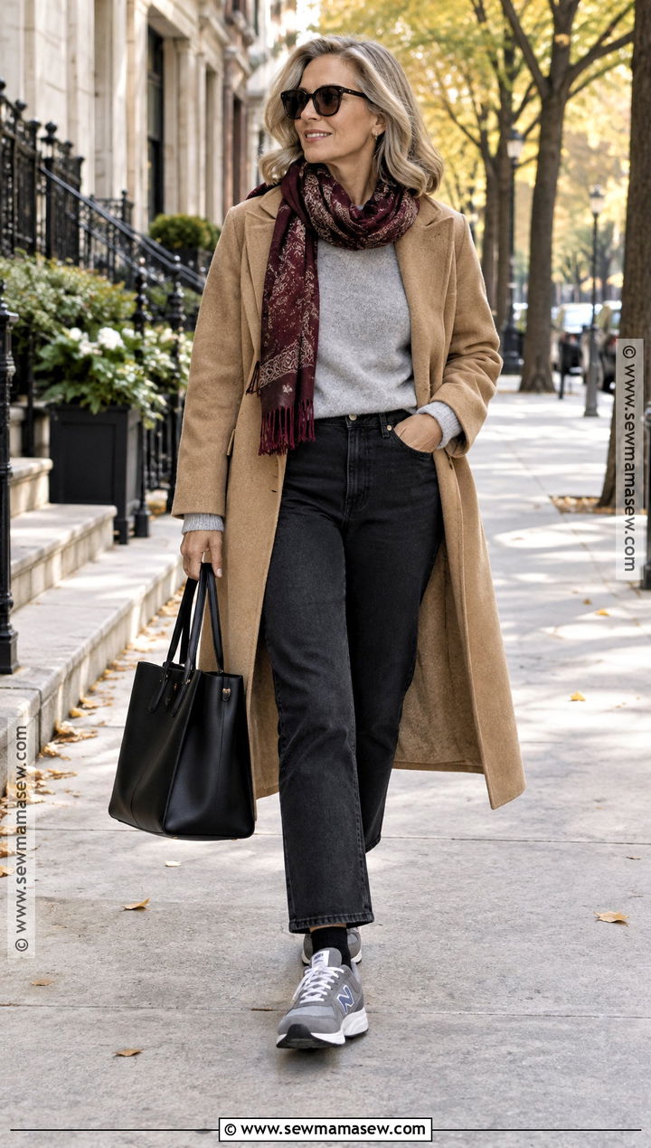 Gray New Balance With Camel Coat And Black Jeans - 20 fall new balance outfit ideas