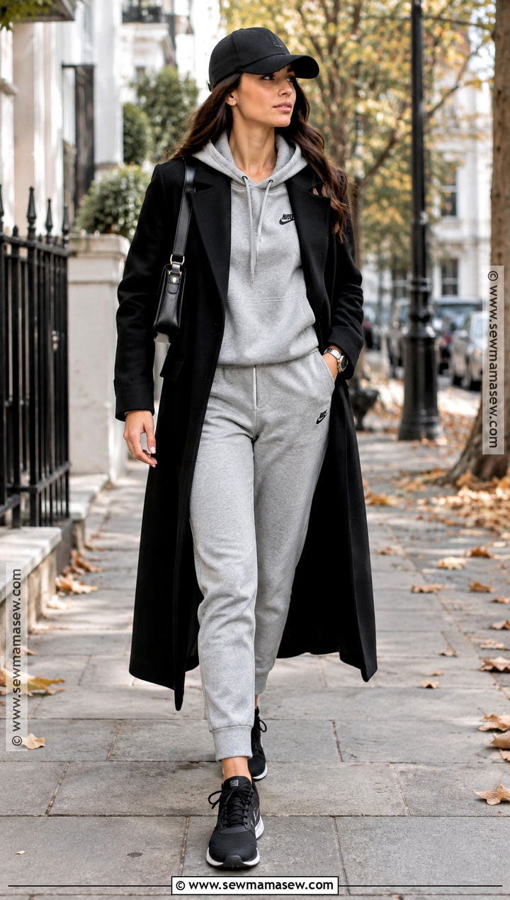 Gray Nike Tech Fleece With Long Coat - 15 nike tracksuit fall fashion ideas