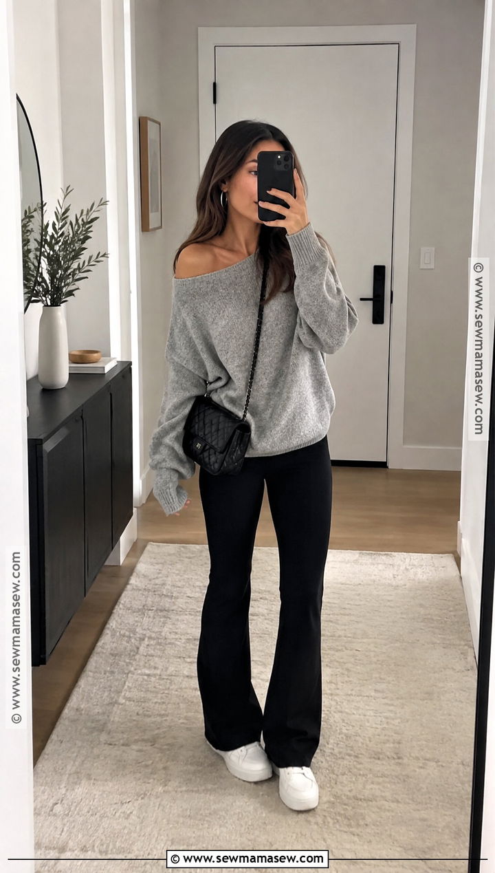 Gray Off Shoulder Sweater With Black Flare Leggings - 15 cozy sweater for fall ideas