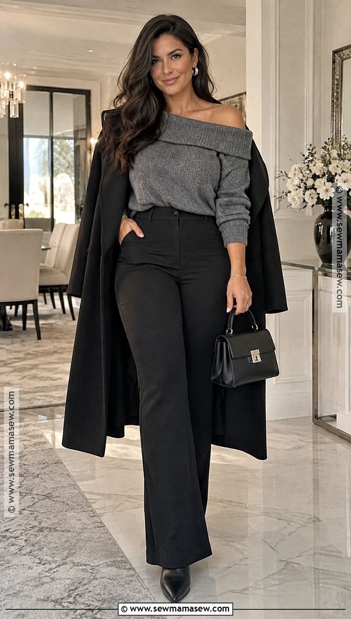 Gray Off Shoulder Sweater With Flared Pants - 15 Gray Cozy Fall Fashion Ideas