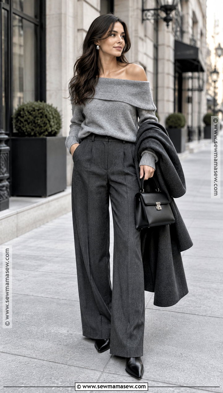 Gray Off Shoulder Sweater With Matching Trousers - 15 Off-Shoulder Top Fall Fashion Ideas