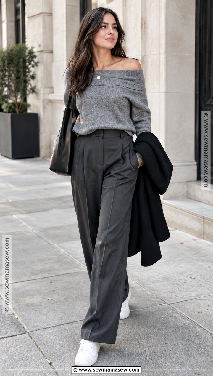 Gray Off the Shoulder Top With Wide Leg Trousers - 15 off-the-shoulder top fall fashion ideas