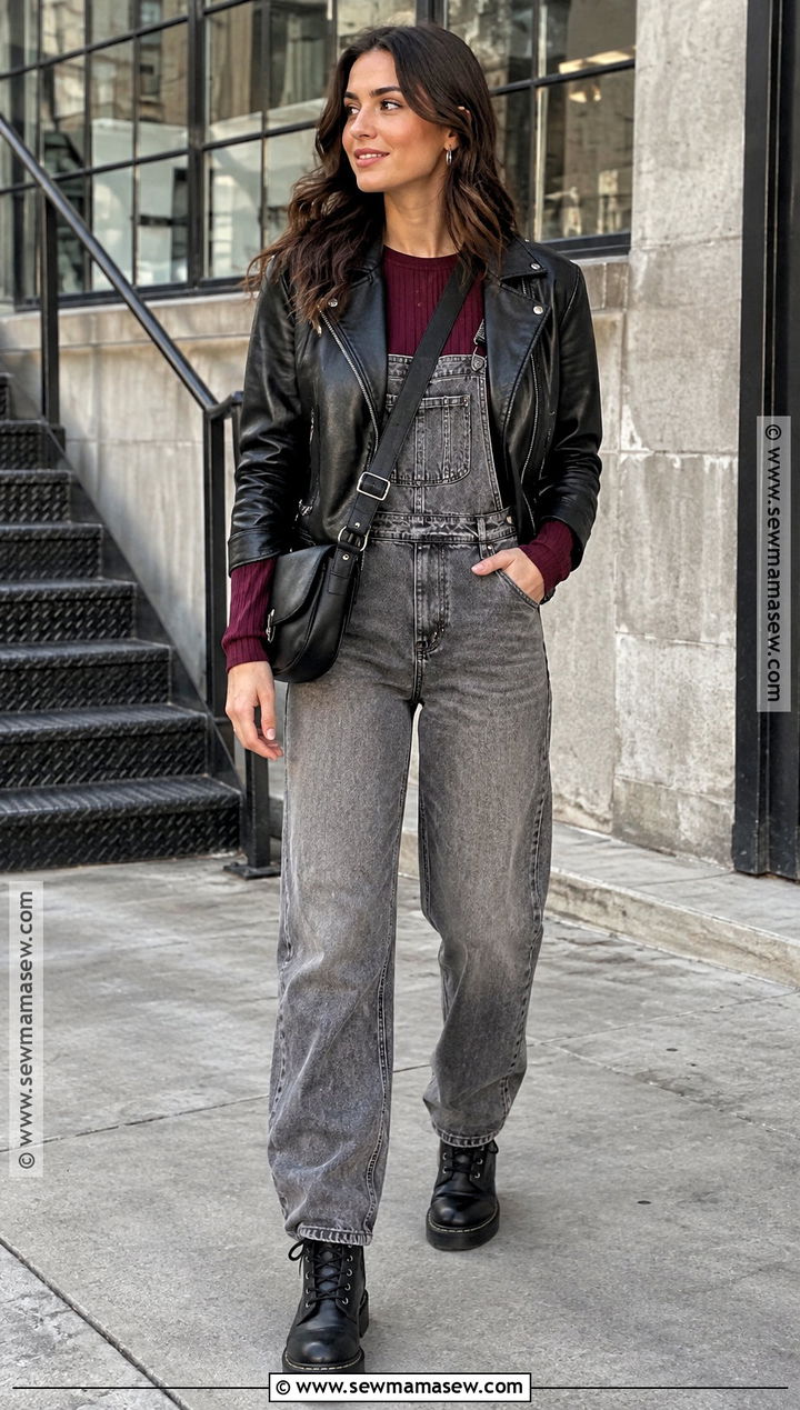 Gray Overalls With Burgundy Top And Combat Boots - 15 Cute Fall Outfits Overalls