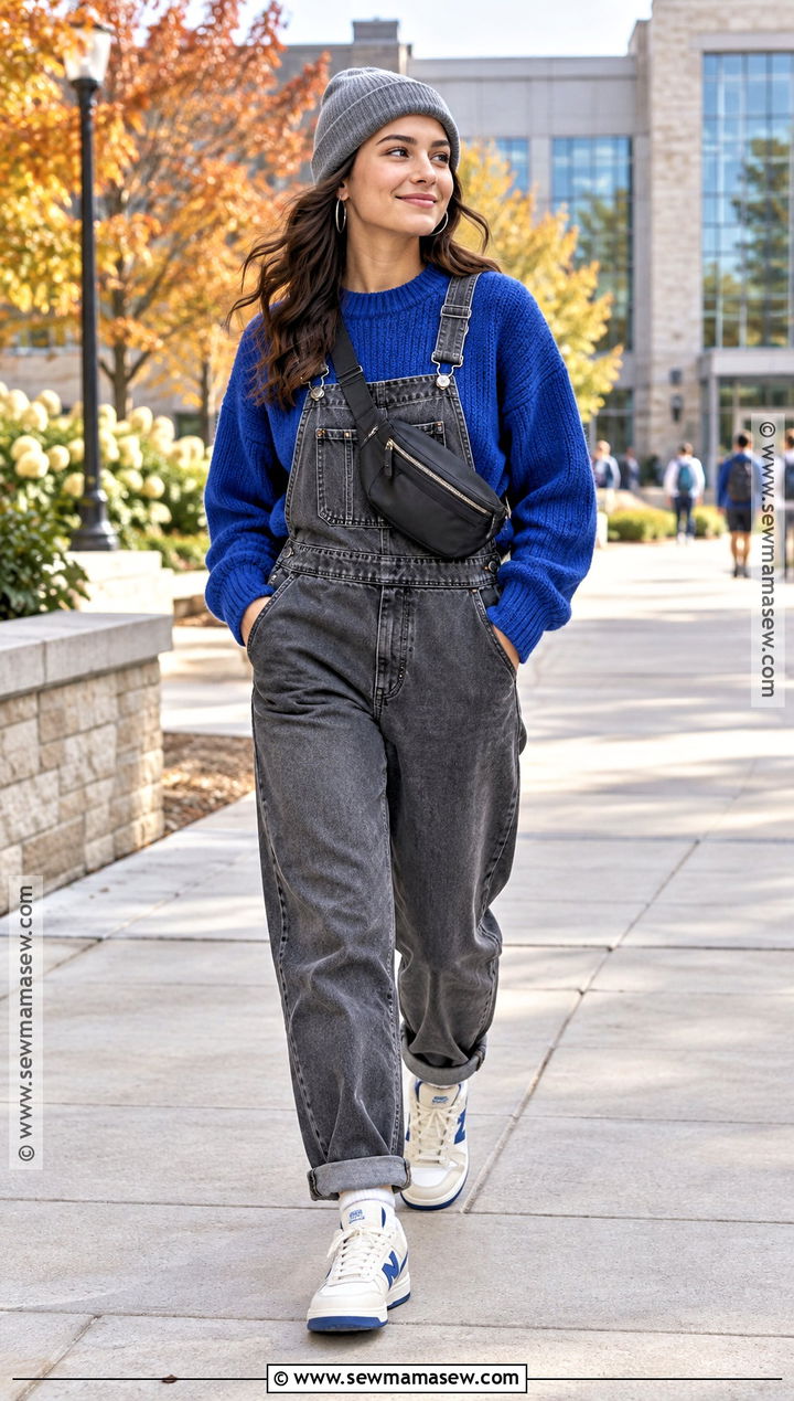 Gray Overalls With Colorful Sweater And Retro Sneakers - 25 overalls outfit fall